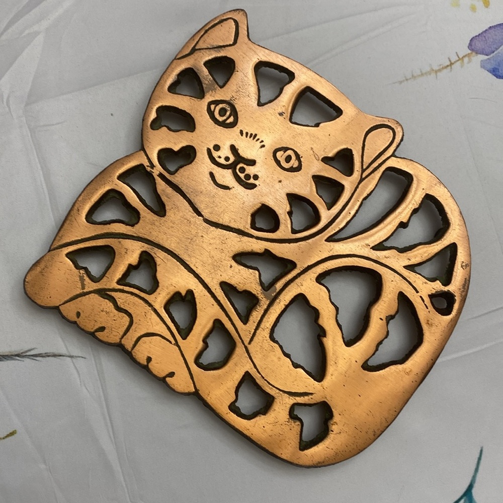 Cat Trivet Copper Clad Cast Iron Wall Hanging Garfield 7" Kitten Vintage 1996 - Picture 2 of 11